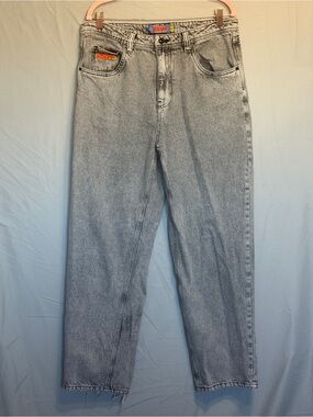 Empyre Mens Acid Wash Baggy Skater Jeans Size 34 Grey Y2K Graffiti Relaxed Fit